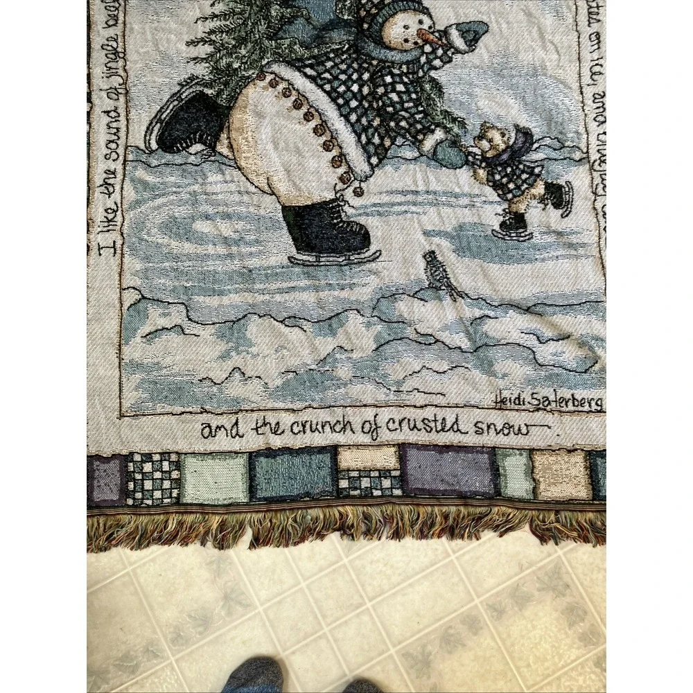 Heidi Saterberg USA Snowman & Bear Skating Woven Tapestry Throw‎ Blanket 48
